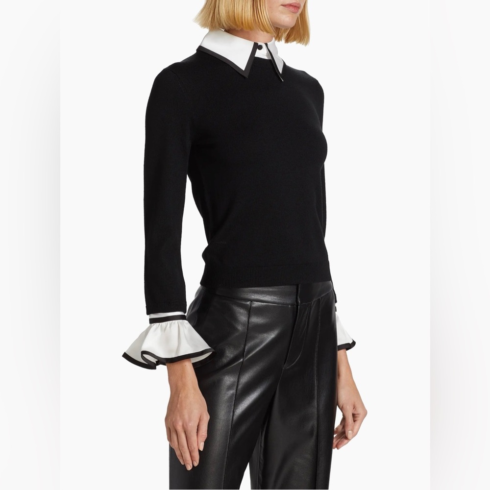 Alice + Olivia Black Sweater with White Contrast Collar and Cuff Details - Picture 4 of 9